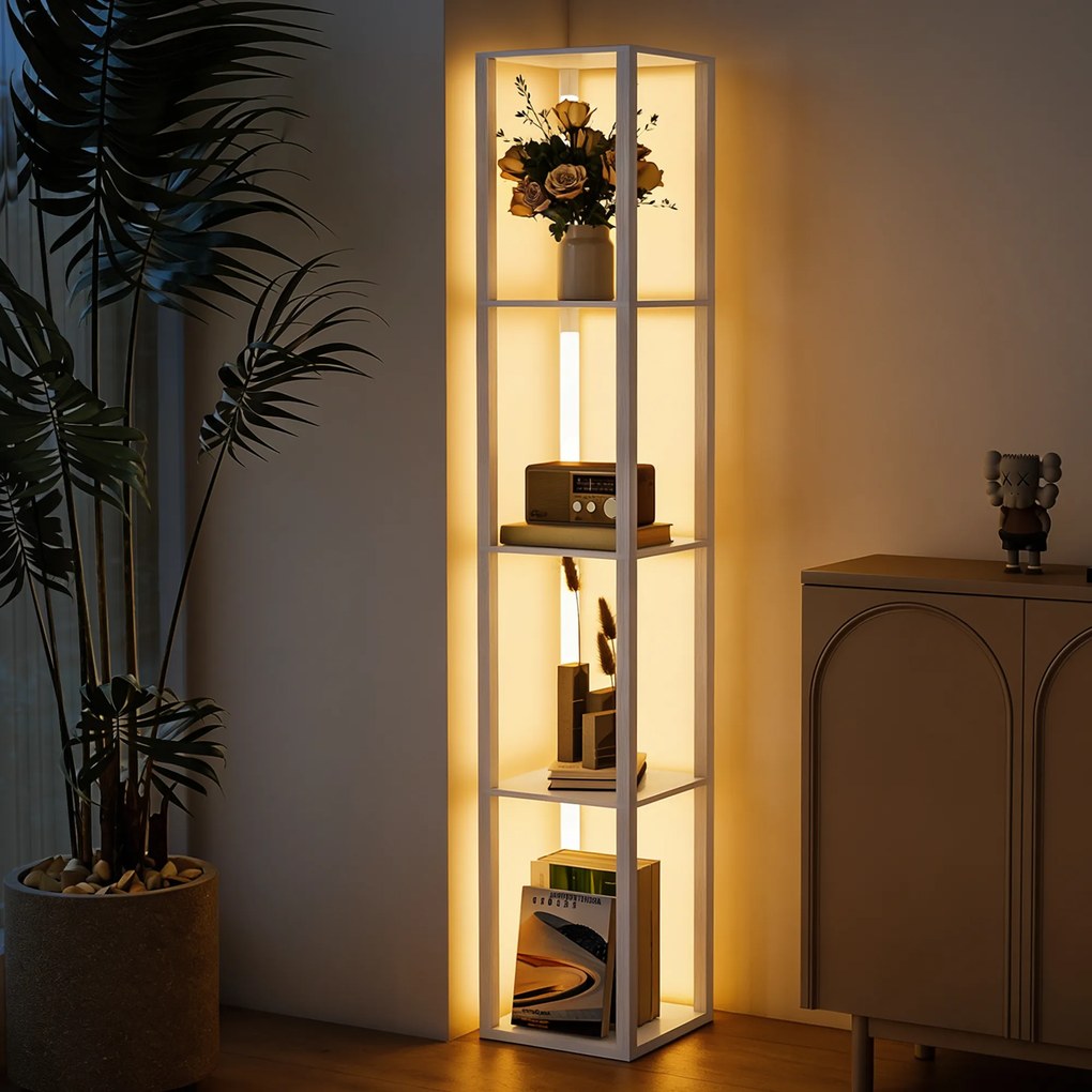 HOMCOM Lampa stojąca LED z półkami, nowoczesna ściemniana lampa stojąca z 3 poziomami jasności i przełącznikiem nożnym, biały | Aosom PL