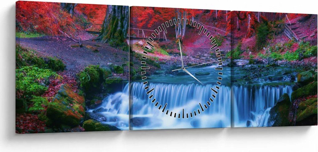 Obraz wodospadu w czerwonym lesie (z zegarem) (90x30 cm)