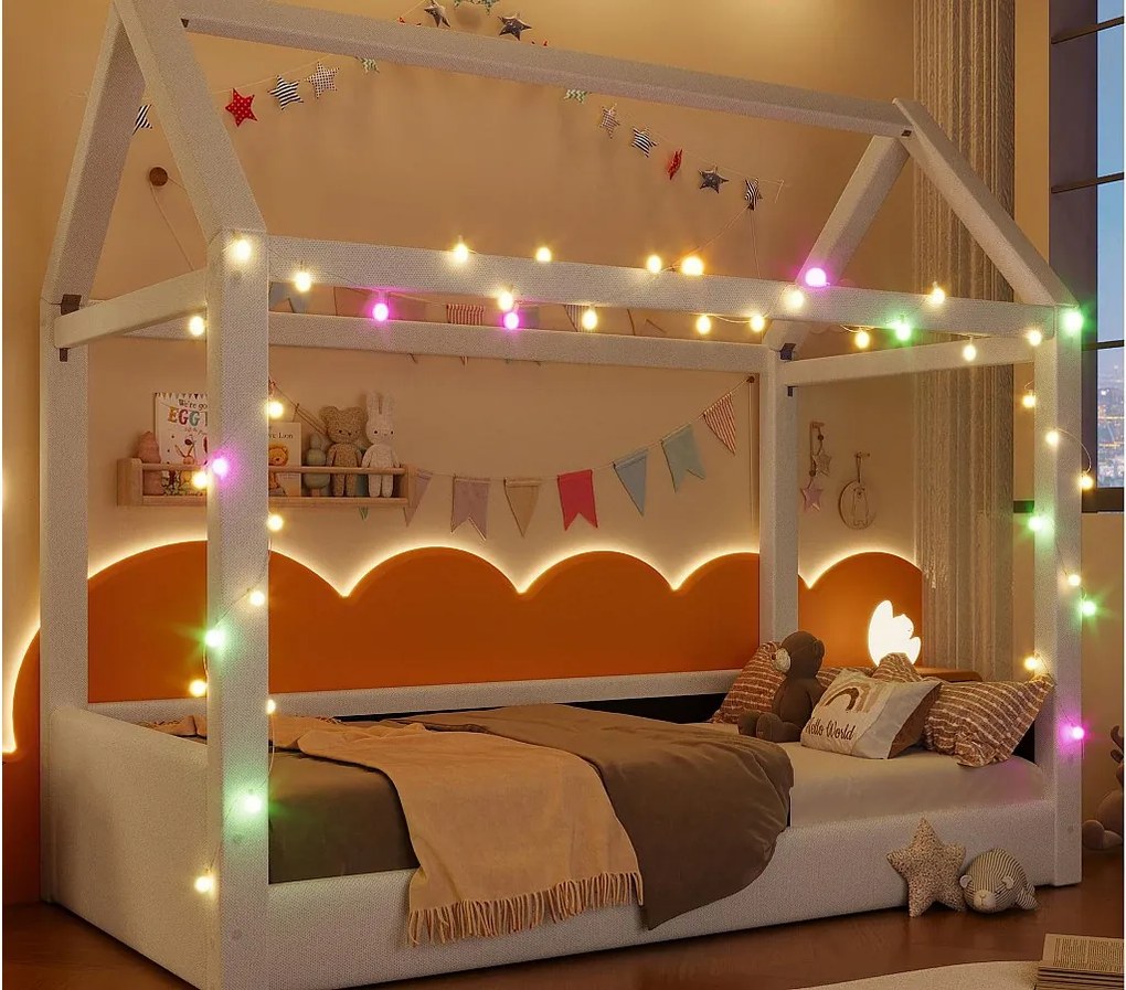 Łóżko domek 90x200cm - z listwą LED - Design dachu - MDF - Beżowy (materac nie jest wliczony w cenę)