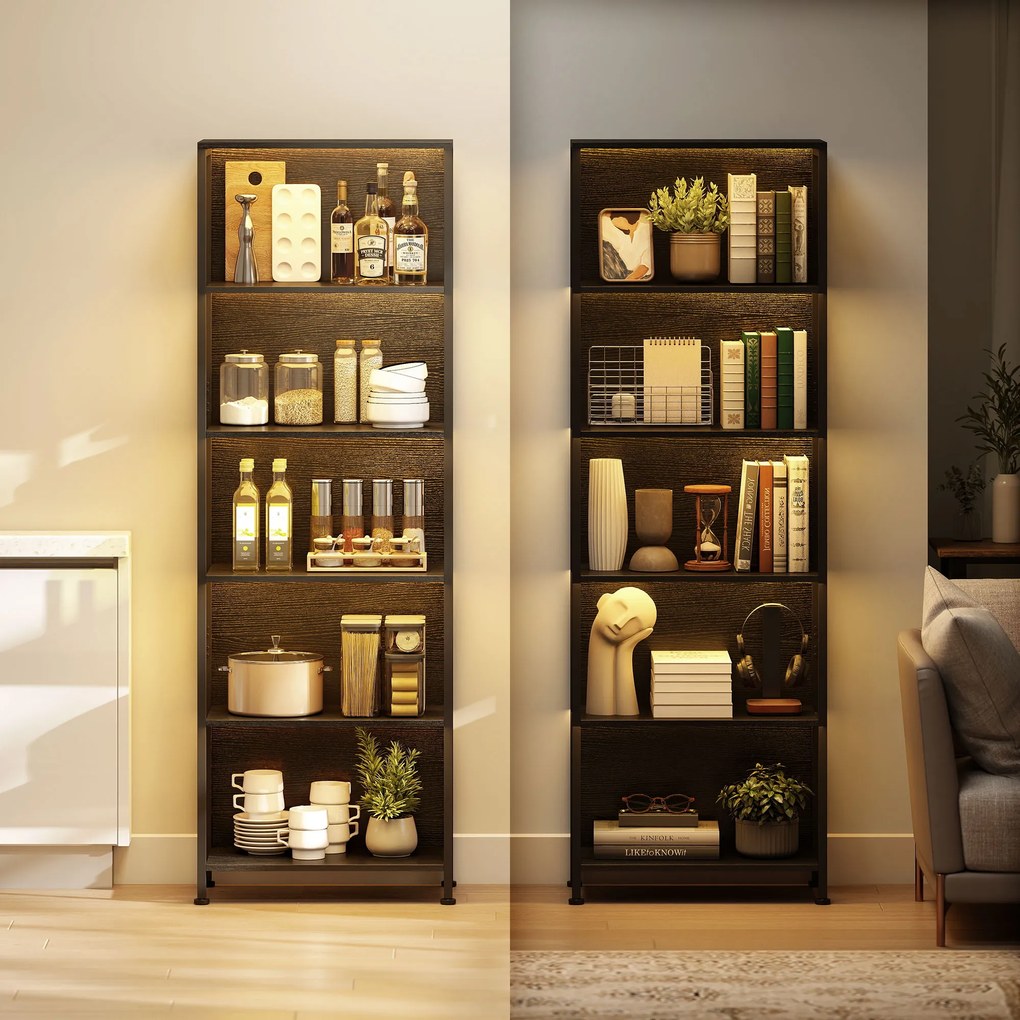 HOMCOM Regał z 5 półkami z LED, 7 kolorów światła, do salonu, 60 x 30 x 179 cm, czarny | Aosom PL