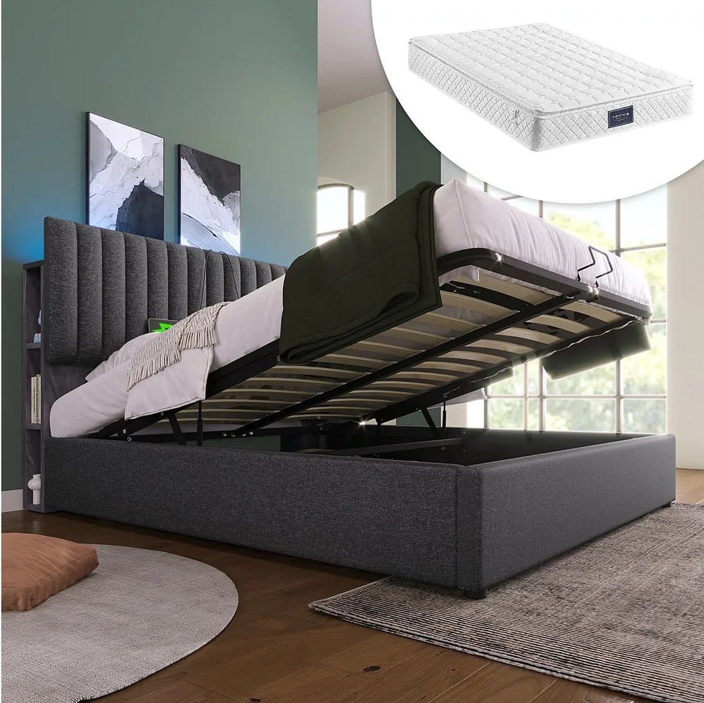 Łóżko tapicerowane dwuosobowe ze schowkiem - 140 x 200 cm - Materac + LED-y + Regulowany zagłówek z USB - len + metal + sklejka + MDF - Szary