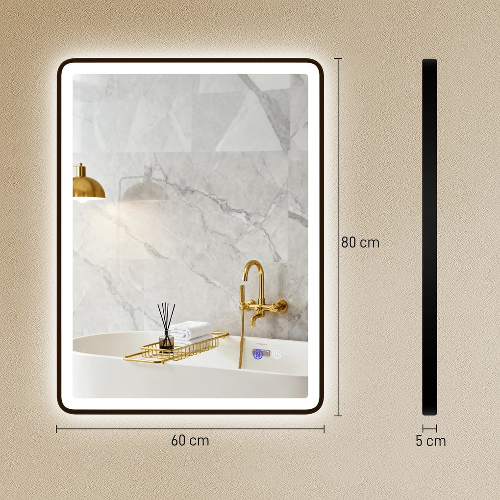 HOMCOM LED Lustro łazienkowe z funkcją przeciwmgielną, lustro do makijażu z oświetleniem, 80 x 60 cm, czarna rama | Aosom PL
