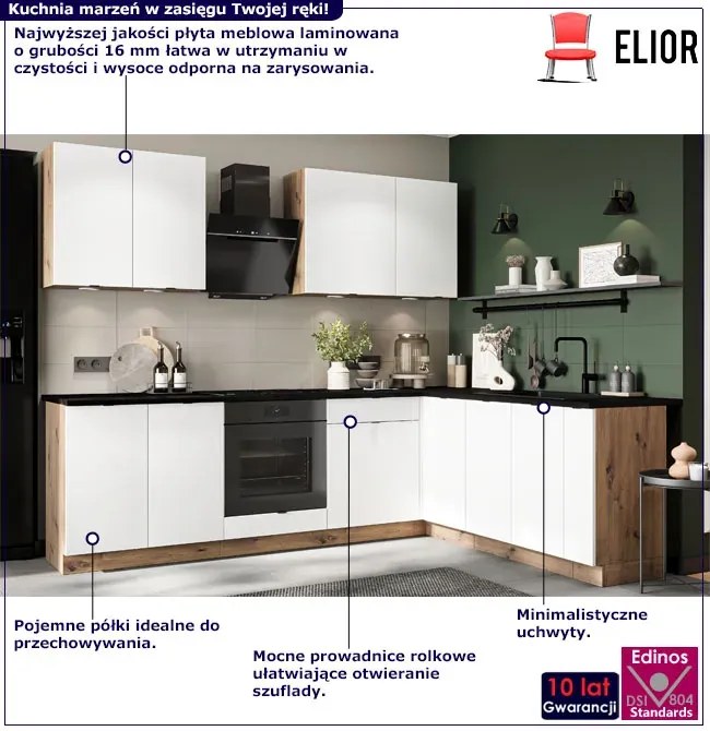 Komplet Narożnych Biały Mebli Kuchennych 260 Cm 9 Sztuk + Dąb Artisan D8-S72