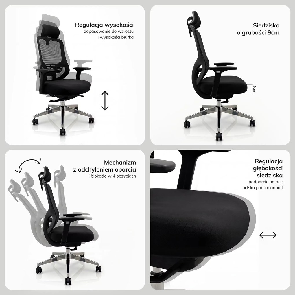 Fotel biurowy ergonomiczny z siatką czarny: AXIS