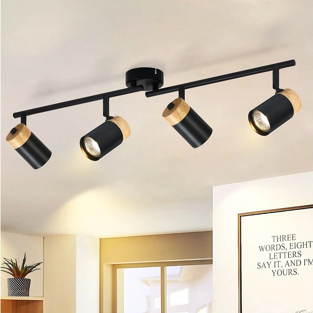 NETTLIFE Lampa sufitowa 4 drewniane plamki GU10 czarna regulowana 330° do salonu sypialni kuchni pokoju dziecięcego bez żarówki
