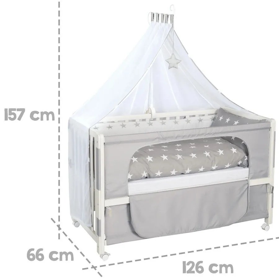 Białe łóżeczko na kółkach z baldachimem 60x120 cm Little stars – Roba