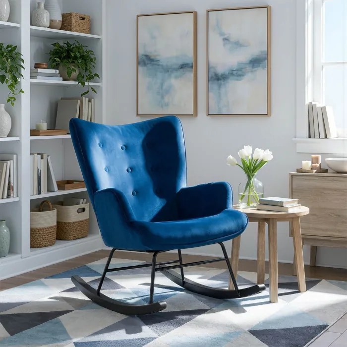 Fotel Bujany na Biegunach Uszak Wypoczynkowy ELIS Granatowy Welurowy Nowoczesny