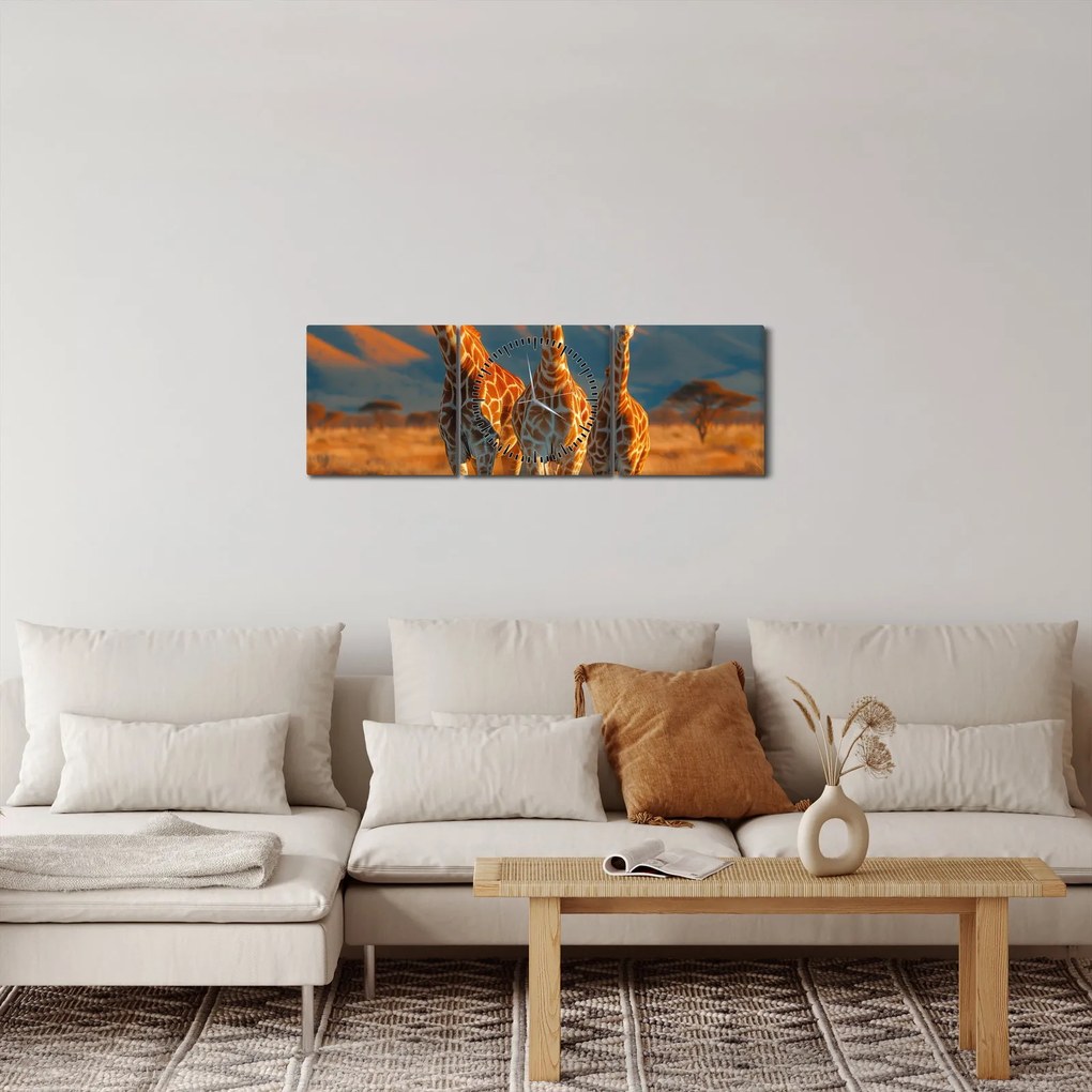 Obraz - Żyrafy na pastwisku (z zegarem) (90x30 cm)