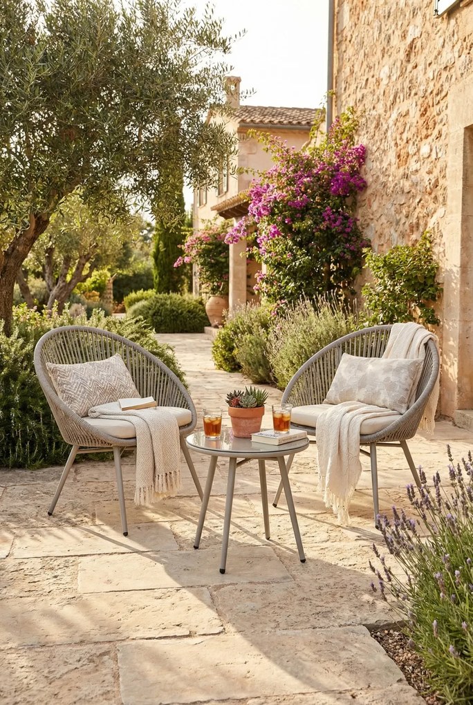 Beżowy zestaw do ogrodu 2 krzesła i stolik kawowy F0-L52