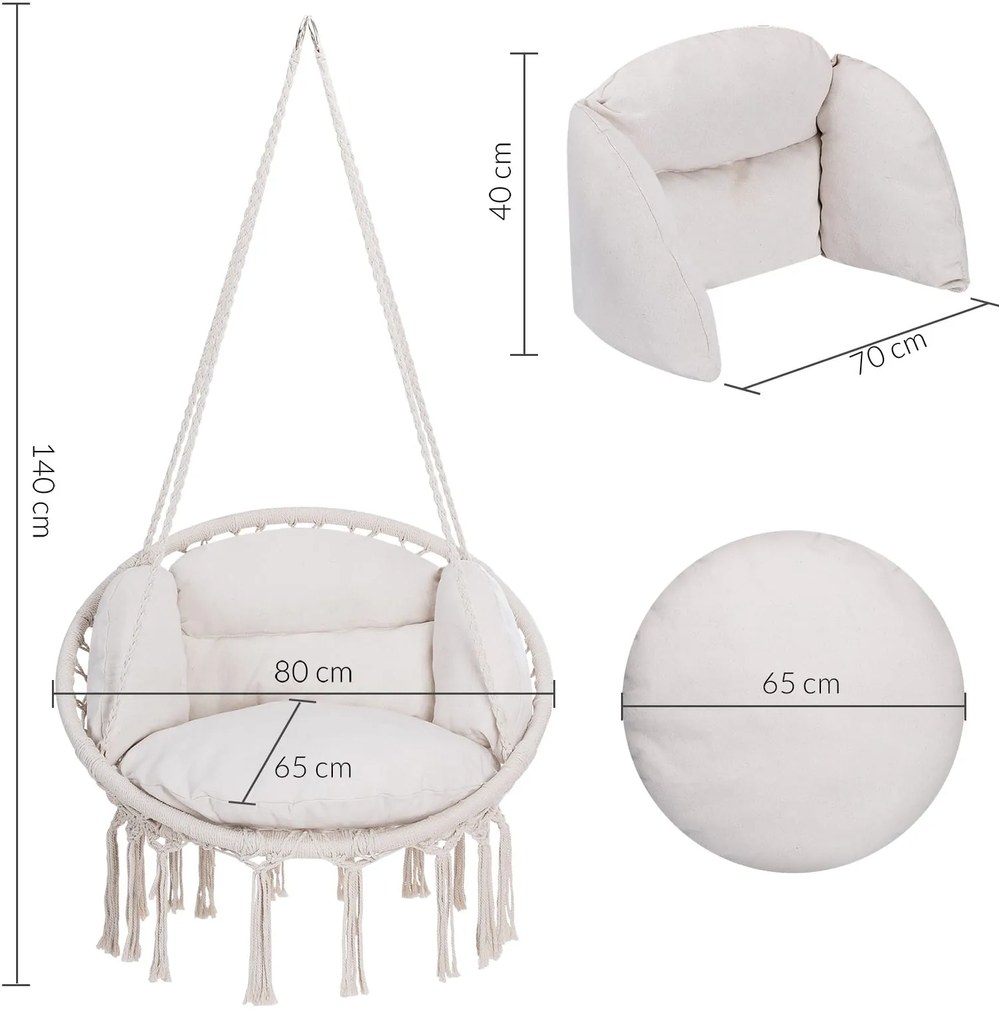 Jurhan Wiszące krzesło BOHO z poduszkami, Ø61cm, beżowa