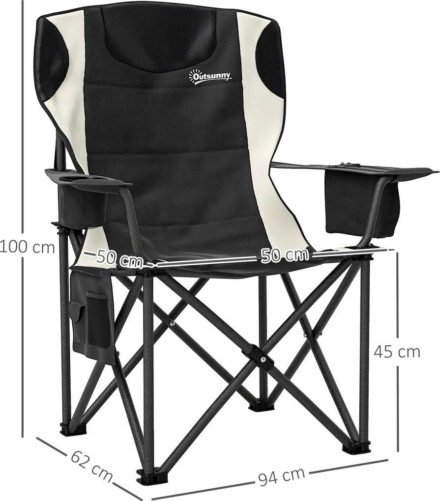 Outsunny Zestaw 2 Składanych Krzeseł Kempingowych z Podłokietnikami, Uchwytem na Napój i Chłodziarką, Czarne