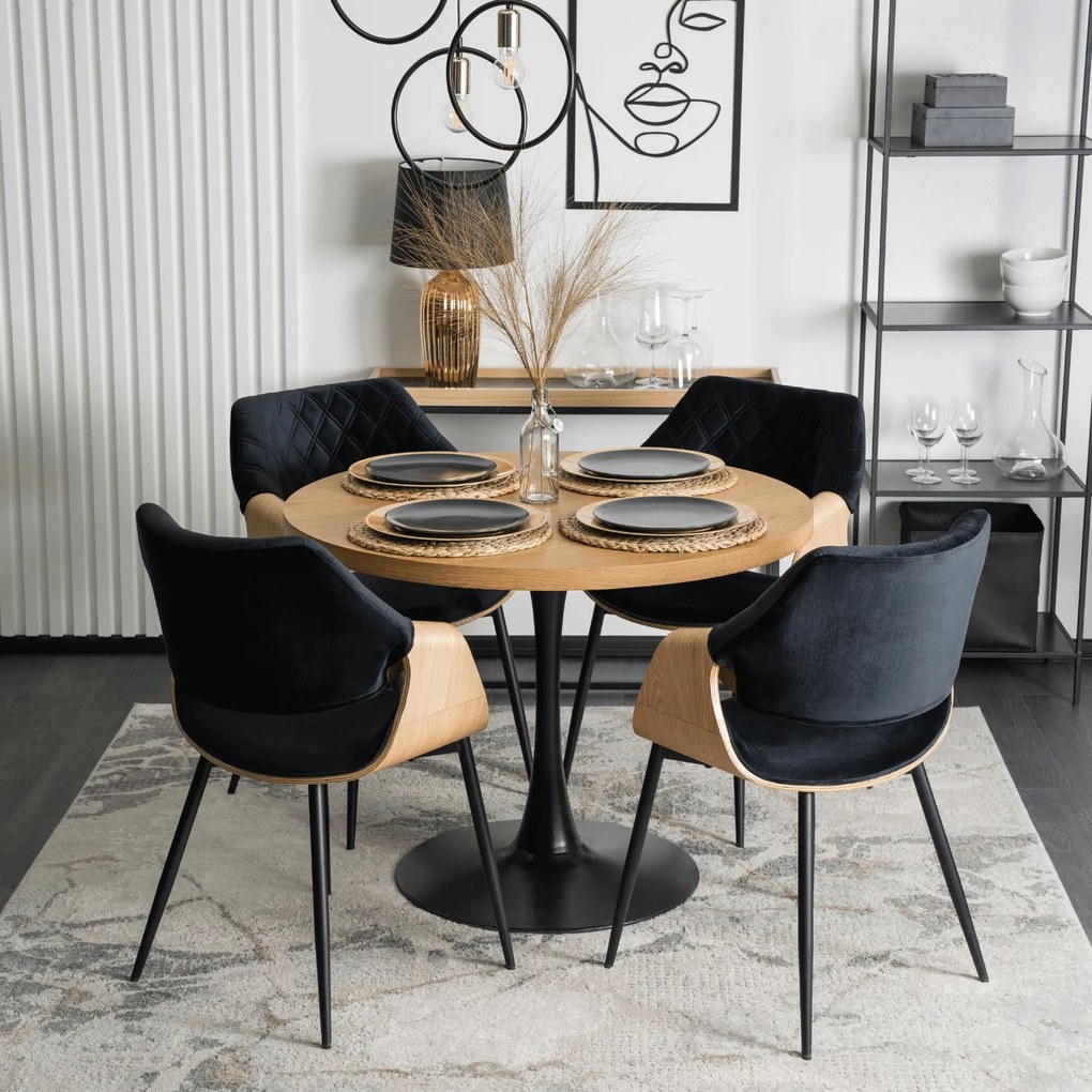 Zestaw Stół Okrągły LINO 100 cm Dąb Złoty/Czarny i 4 Krzesła Tapicerowane z Drewna Giętego DAKOTA Czarne/Dąb Złoty Welurowe Loft