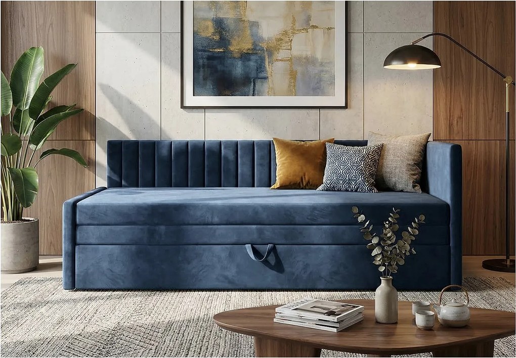 Łóżko dzienne wysuwane 2x90x200cm w tkaninie MANILA 25 ciemnoniebieskiej