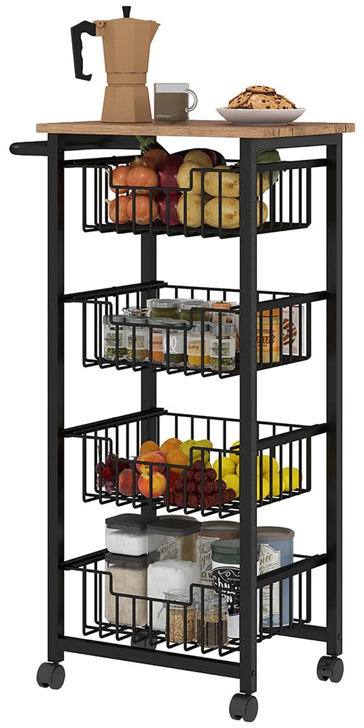 HOMCOM 4-poziomowy Wózek Kuchenny na Kółkach, Mobilny Wózek Serwisowy, Kuchenny Trolley z 4 Koszami Stalowymi