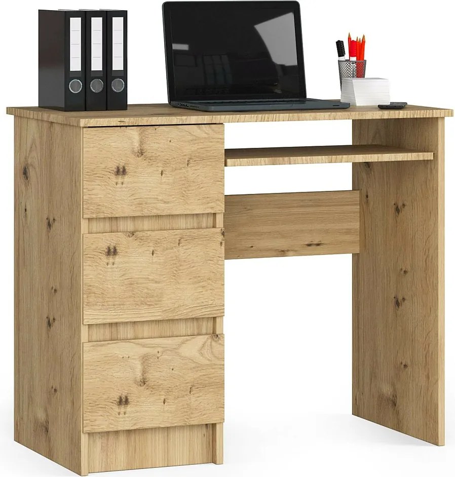 Biurko komputerowe AKORD A6 Dąb Artisan 90 cm lewe 3 szuflady fronty kolor Dąb Artisan mat 1 półka 90x50x77 cm