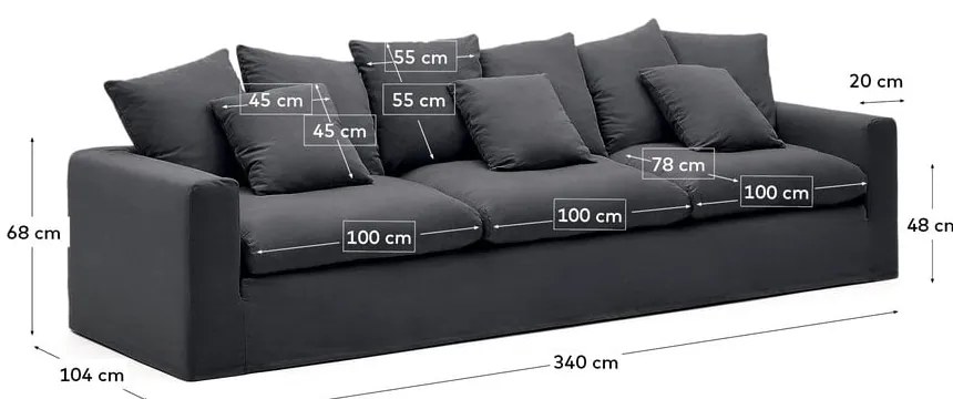 Antracytowa lniana sofa 340 cm Nora – Kave Home