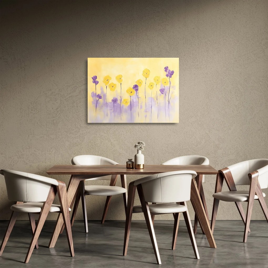 Obraz na szkle - Fioletowe i żółte kwiatuszki (70x50 cm)