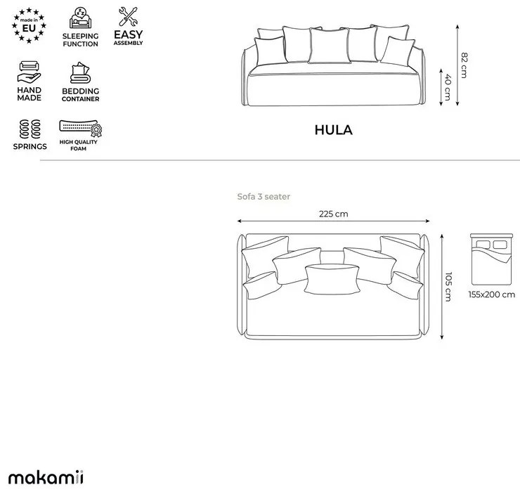 Turkusowa aksamitna rozkładana/ze schowkiem sofa 225 cm Hula – Makamii