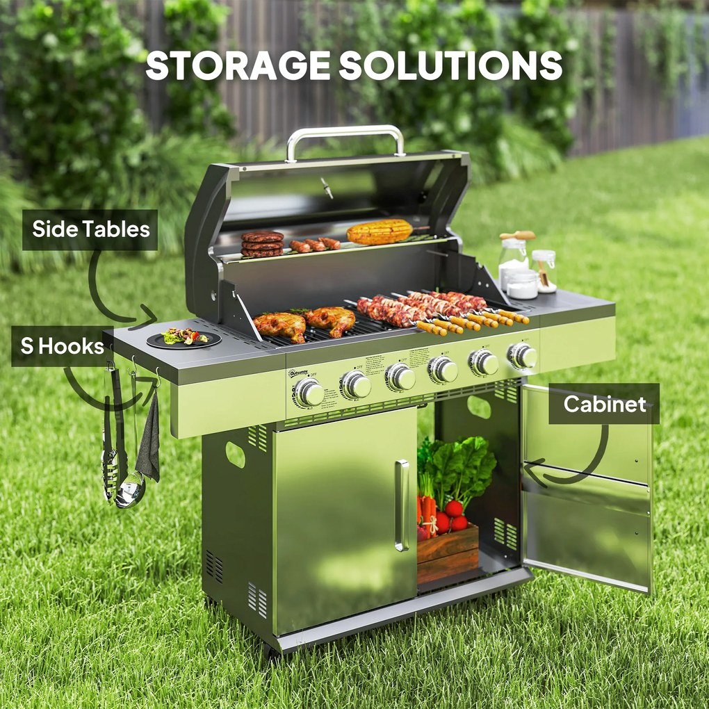 Outsunny Grill Gazowy 8500BTU z Wózkiem, 6 Palników ze Stali Nierdzewnej, Termometr, Regulator Ciśnienia 141 x 55 x 110 cm Srebrny