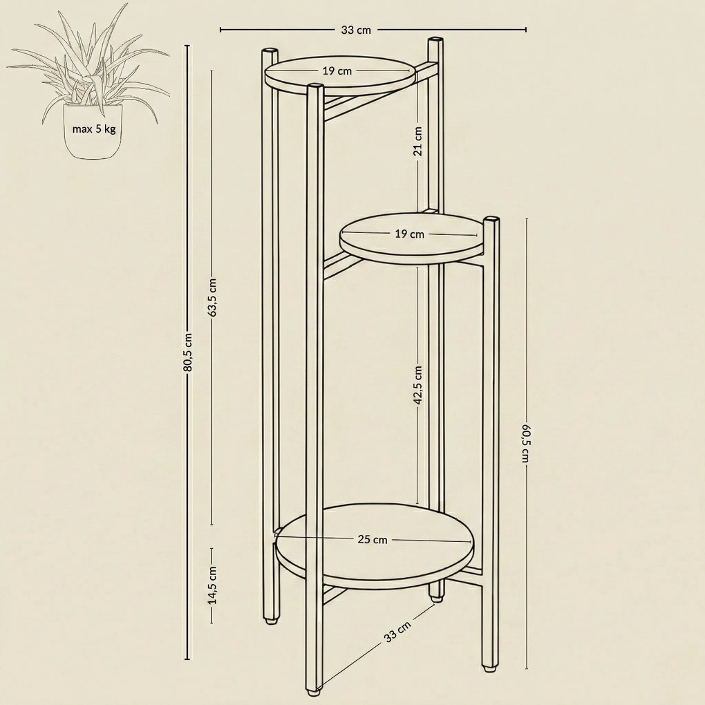 Wąski kwietnik stojący STEM na 3 kwiaty, Ø 33 x 80,5 cm