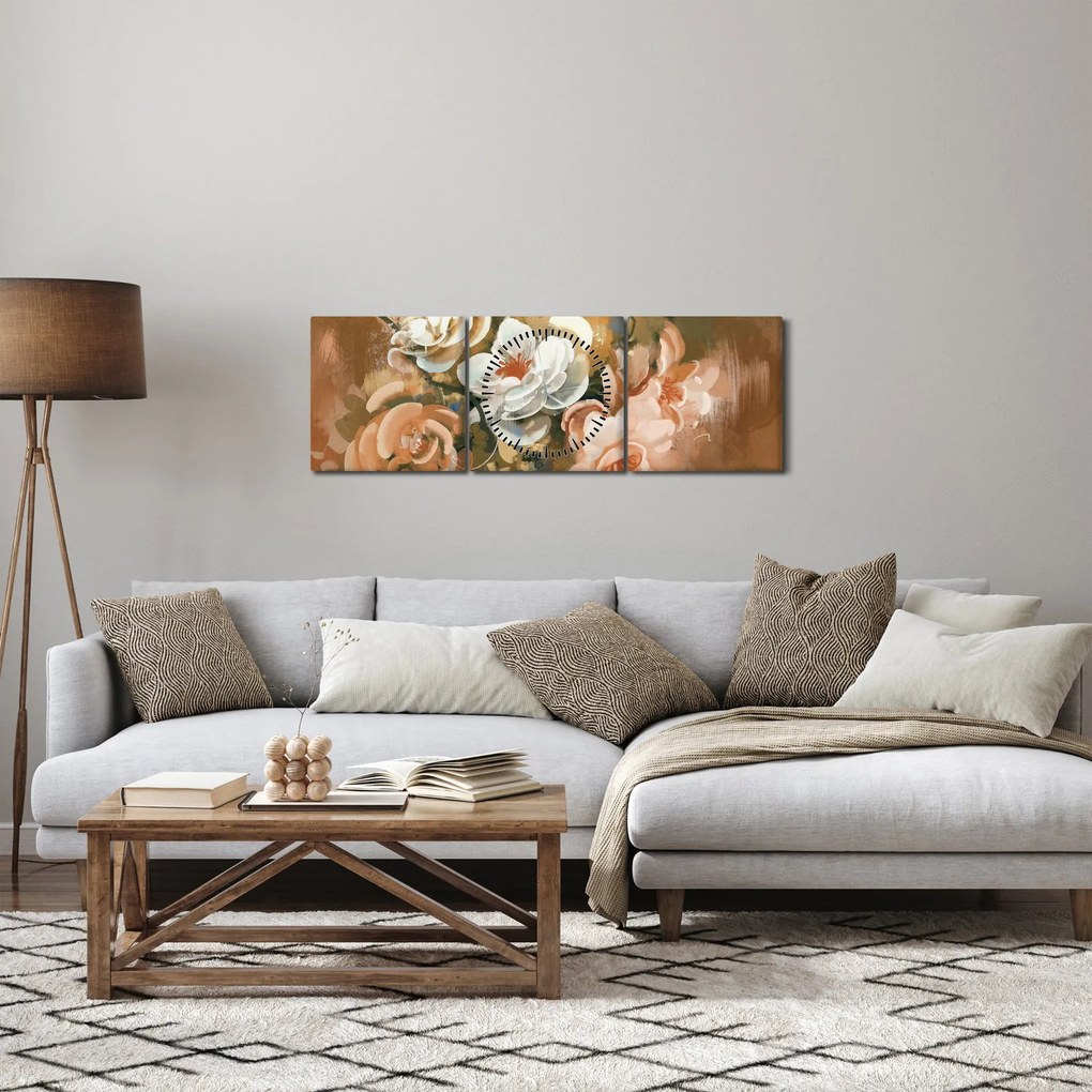 Obraz- Malowany bukiet kwiatów (z zegarem) (90x30 cm)