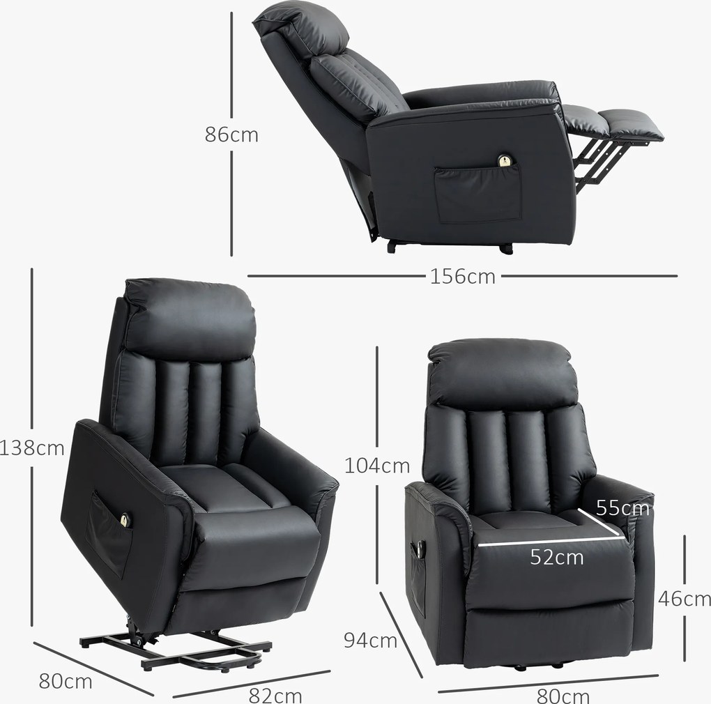 HOMCOM Elektryczny fotel do wstawania, z funkcją leżenia, skóra ekologiczna, 80 x 94 x 104 cm, Czarny