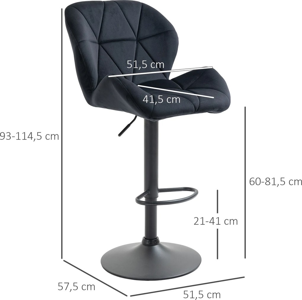 HOMCOM Zestaw 2 stołków barowych obrotowe taborety z oparciem imitacja aksamitu regulacja wysokości kolor czarny