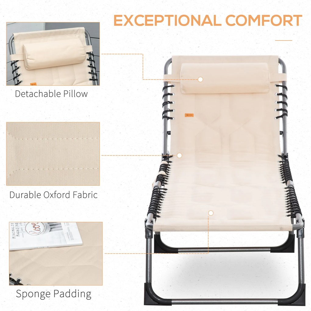Leżanka składana Outsunny, ogrodowa z poduszką, z regulowanym oparciem na 5 pozycji, z tkaniny Oxford, 188 x 57 x 30 cm, Beżowa