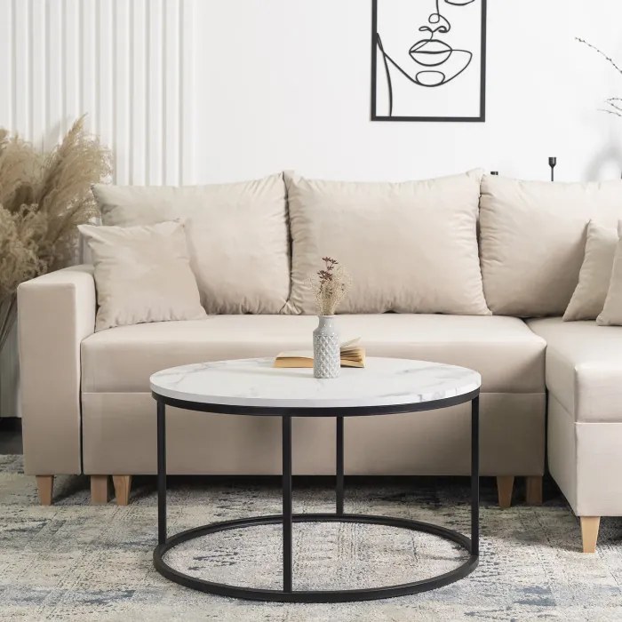 Stolik Kawowy CONNY MAX 80 cm Biały Marmur/Czarny Nowoczesny Glamour