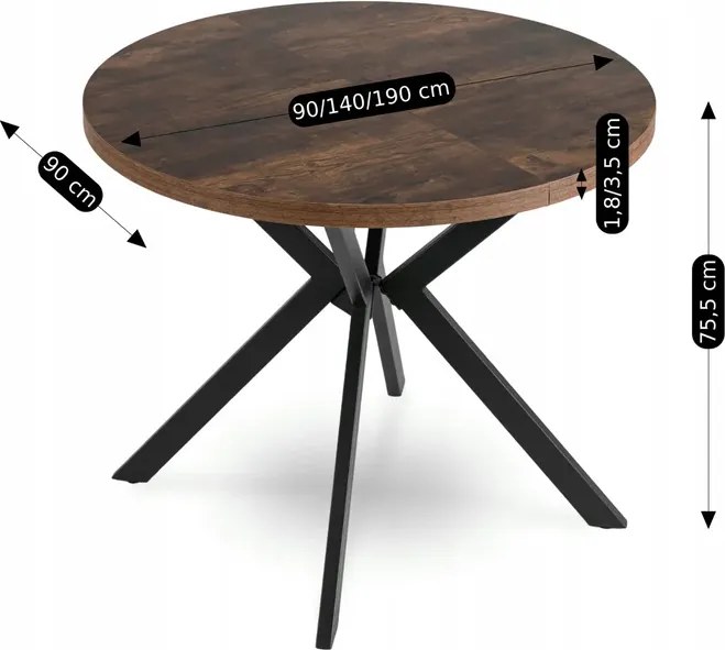 Stół Okrągły Rozkładany LUGO 90-190 cm Dąb Rustykalny/Czarny Loft