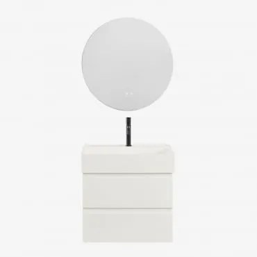 Zestaw Wiszących Mebli Łazienkowych Z Drewna I Forniru Jesionowego Zintegrowany Z Umywalką Ona Biała & Okrągła - Sklum