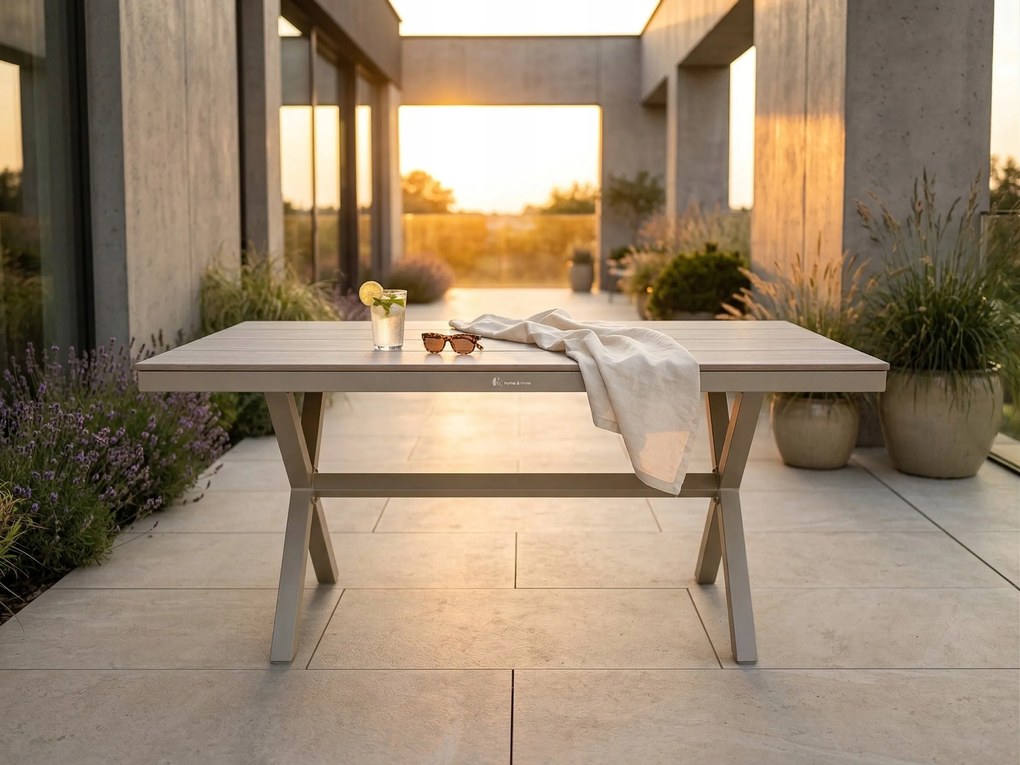 Stół ogrodowy aluminiowy beżowy 150x90x75 cm trwały blat kompozyt drewniany