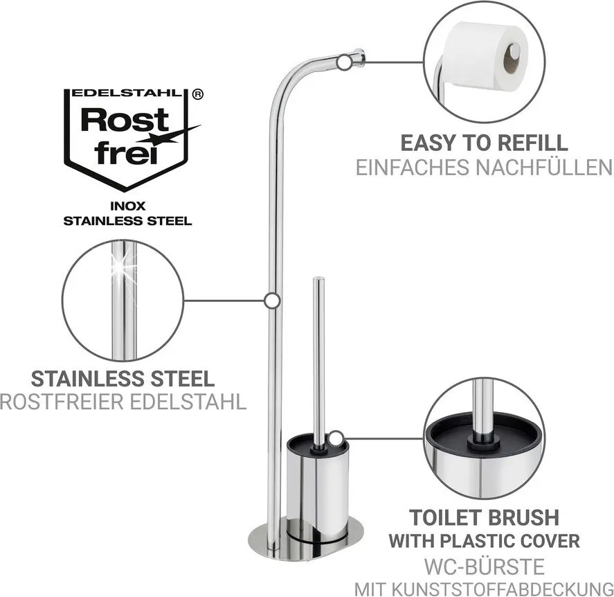 Stojak na papier toaletowy ze szczotką ze stali nierdzewnej w kolorze srebra z połyskiem Levante – Wenko