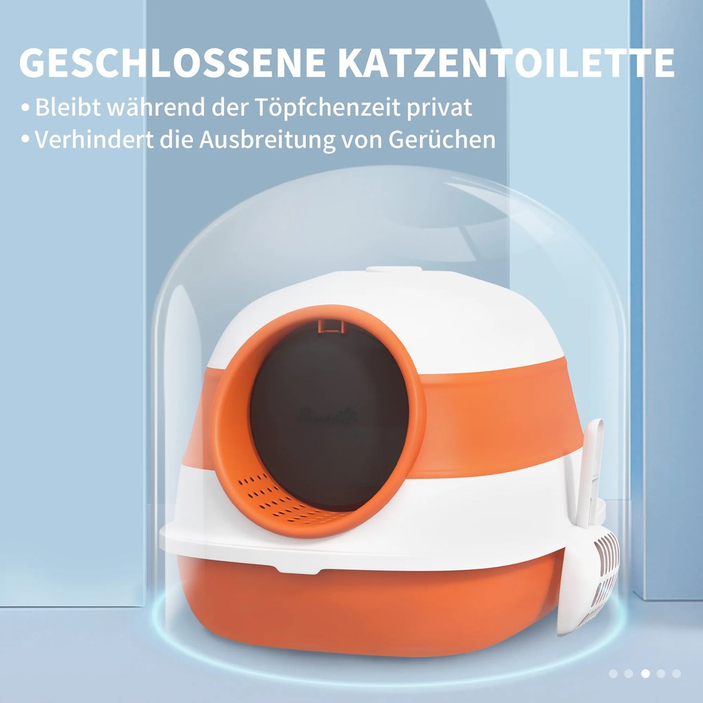 PawHut Kuweta dla Kota z Pokrywą i Łopatką, dla Kotów do 5 kg, 52x41x38 cm, Biały/Pomarańczowy