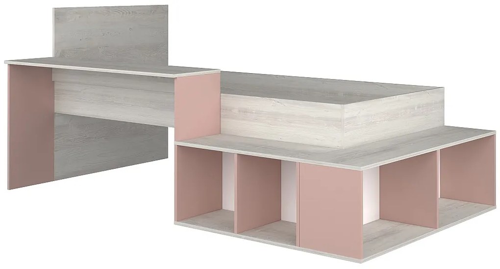 Łóżko wielofunkcyjne 90 × 200 cm ze schowkiem i biurkiem – Naturalny i różowy + Stelaż + Materac – RIGALI
