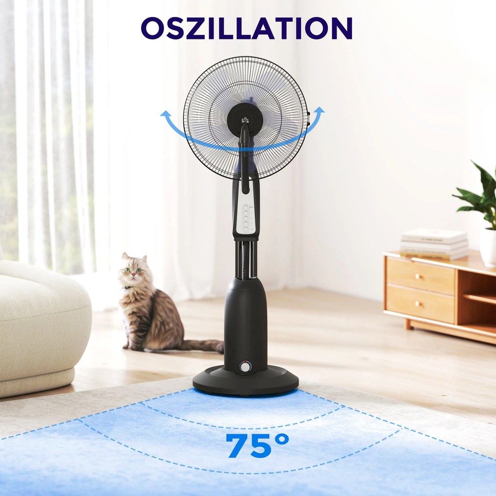 HOMCOM Wentylator z funkcją rozpylania mgiełki, zbiornik 3L, obrotowy o 75 stopni, 3 prędkości, mobilny, 125 cm, Czarny