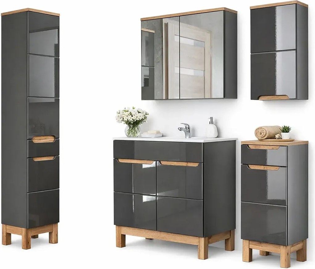 Zestaw mebli łazienkowych stojących z umywalką 80 cm grafit połysk L2-N60