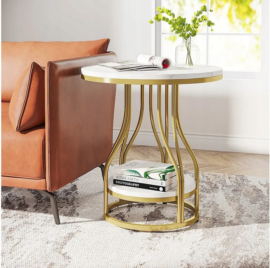 Dwupoziomowy okrągły stolik boczny z białego złota, nowoczesny stolik nocny, mały stolik pomocniczy z półką do przechowywania
