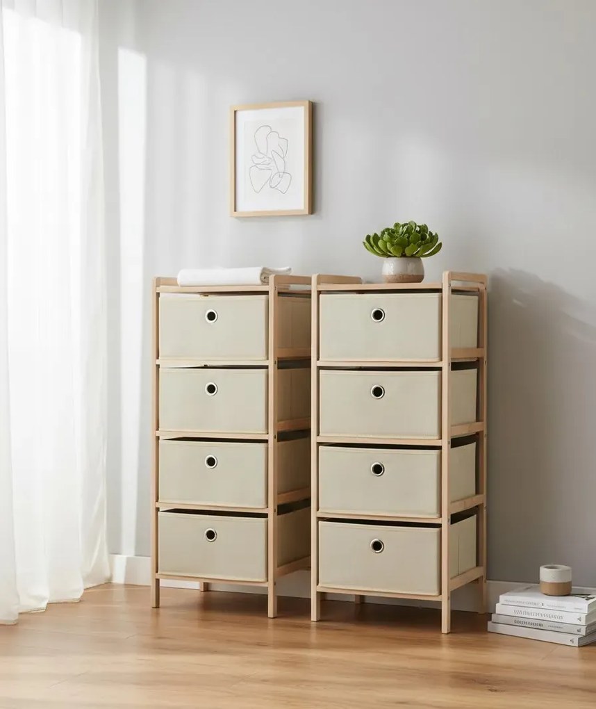 Komplet drewnianych regałów z 5 koszami z tkaniny N0-P50