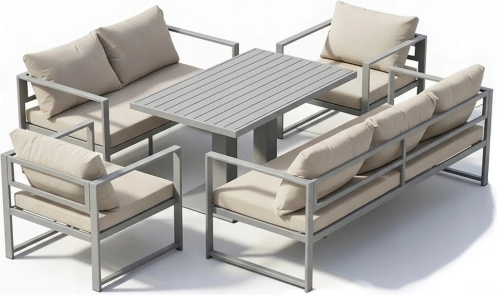 Zestaw mebli ogrodowych Bellagio 006 z sofami, fotelami i ławostołem, szary, poduszki beżowe