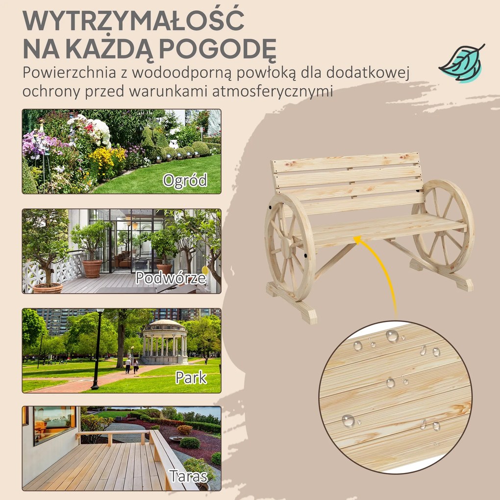 Outsunny Ława ogrodowa, Design z kołami wozu, dla 2 osób, Drewno świerkowe, ciemnobrązowe, 105,5 x 56 x 79 cm, Naturalne
