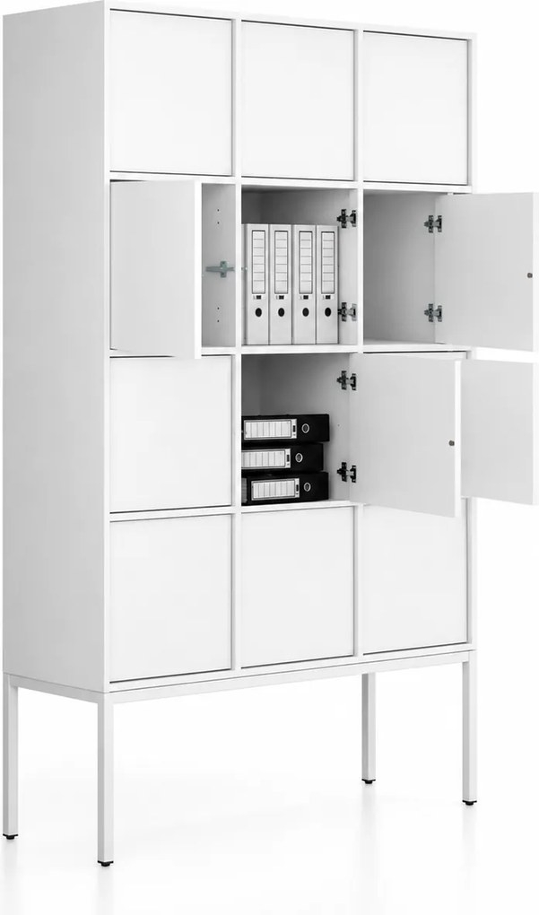 Szafa biurowa FRAME, podstawa biała, 12x drzwi, 1299 x 450 x 2185 mm, PUSH-lock, biały