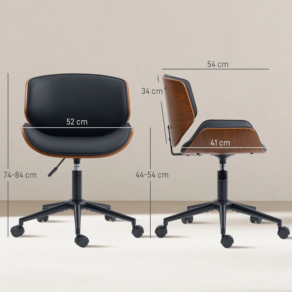 HOMCOM Krzesło do home office z ekoskóry, regulowane, obrotowe, nośność do 135 kg, 52 x 54 x 74-84 cm, Czarny+orzechowy brąz | Aosom PL
