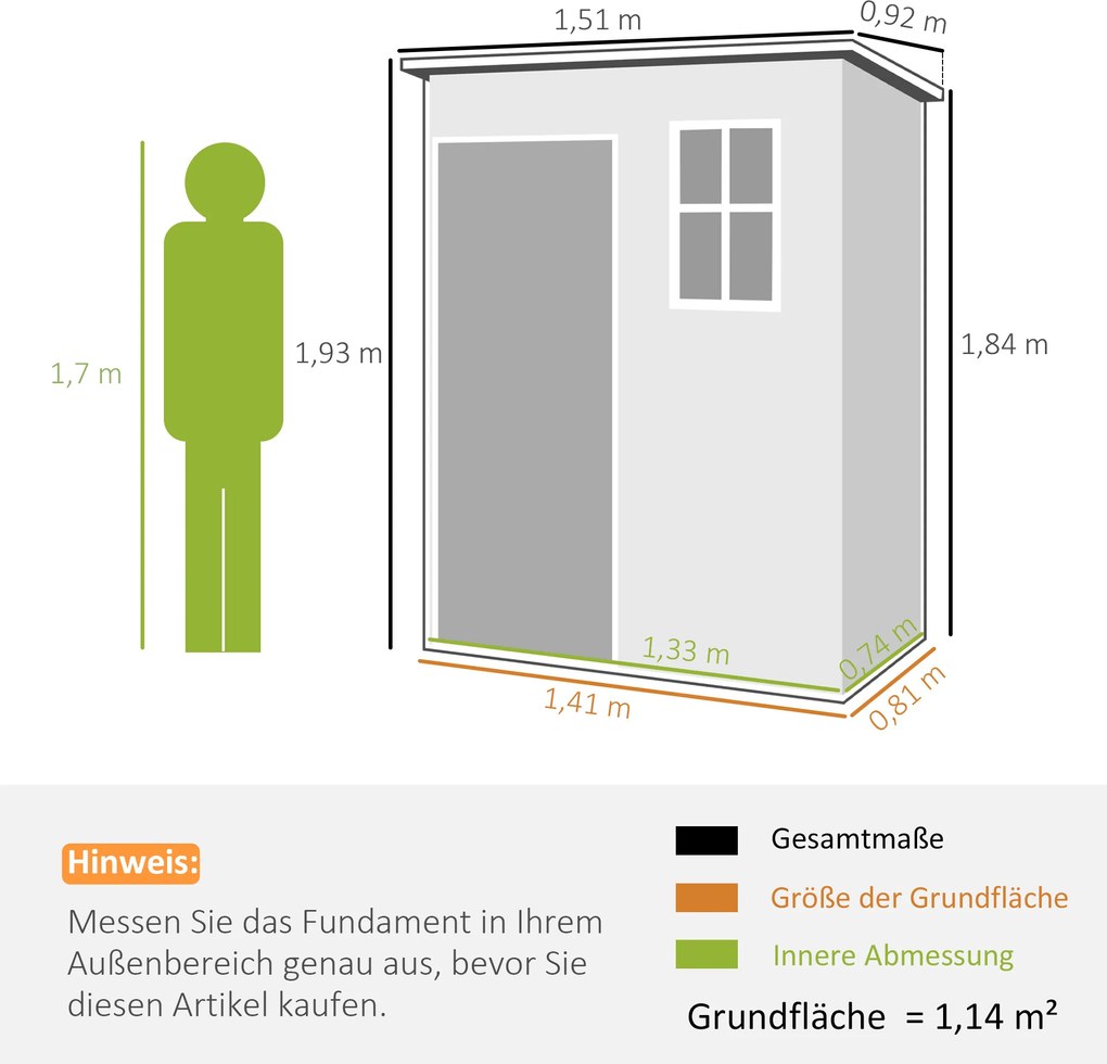 Outsunny Szopa na narzędzia z tworzywa sztucznego 1,14m² 151 x 92 x 193cm Szopka z dachem pochyłym Okno Szary