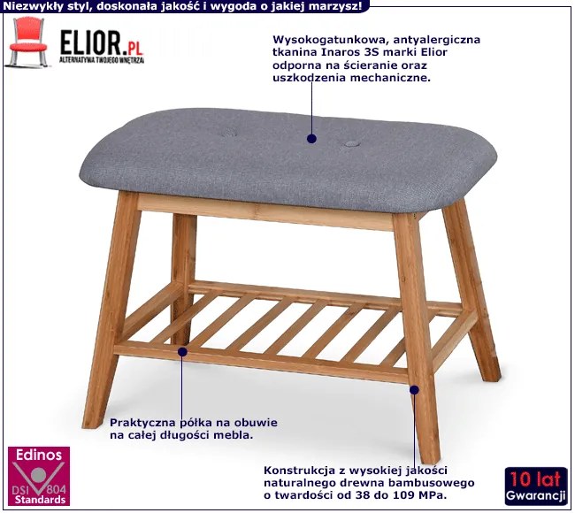 Drewniana ławka siedzisko z półką na obuwie 60 cm popielH8-R45
