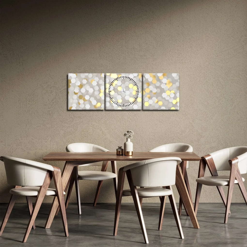Obraz - Złoto - białe sześciokąty (z zegarem) (90x30 cm)