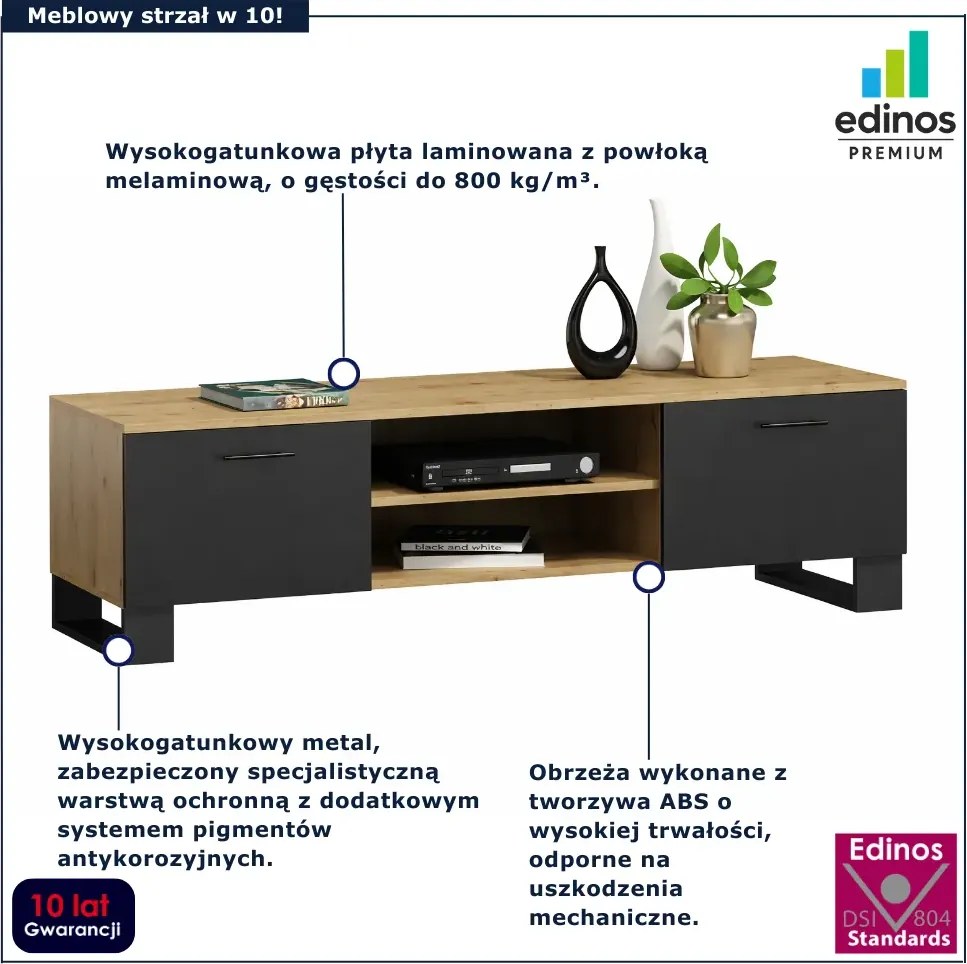 Loftowa Szafka Czarny Rtv 120 Cm Dąb Artisan + Skrzynia G0-T16