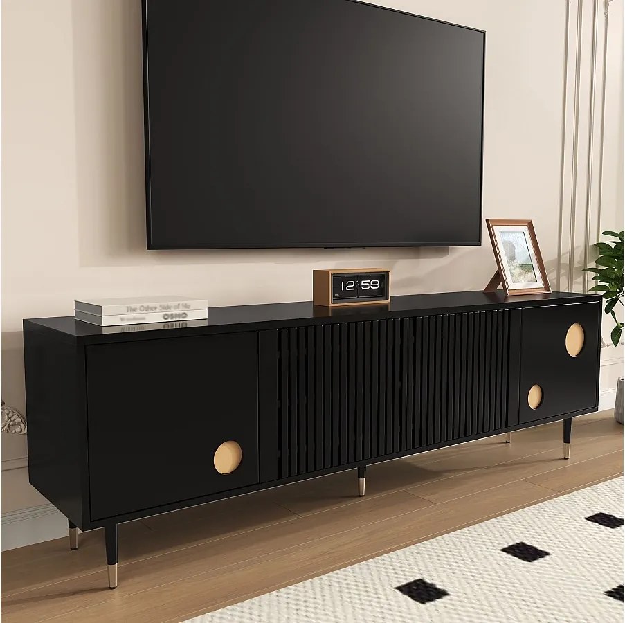 Czarny stojak pod telewizor - szafka pod telewizor z 4 drzwiami z kratownicą - złote akcenty i regulowane nóżki