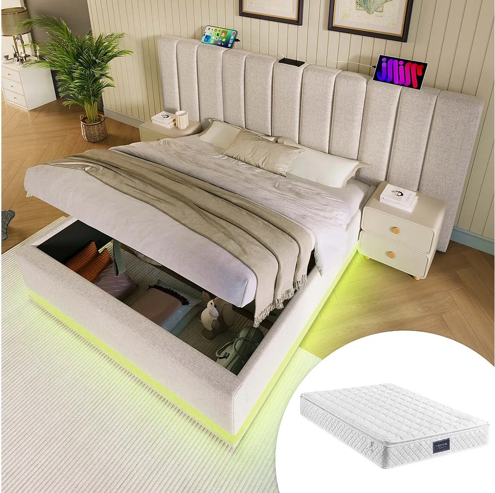 Łóżko tapicerowane dwuosobowe ze schowkiem - 160 x 200 cm - zagłówek + materac - Leds + USB - lite drewno i tkanina lniana - beżowe