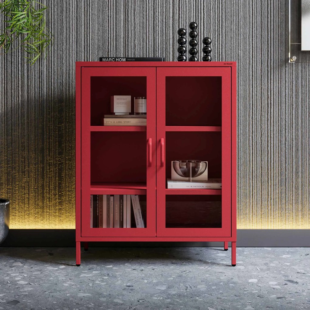Witryna przeszklona niska czerwona: Modern GINA, 800 x 1015 x 400 mm